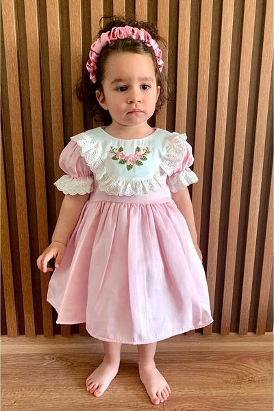 minikiti Girl's Baby Scalloped Flower Embroidery Lined Vintage Stylish Holiday Birthday Special Day Pink Dress