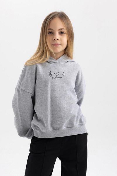 DeFacto Girls Oversize Wide Fit Hooded Printed Thick Sweatshirt with Soft Feather Inside B2511A823Wn