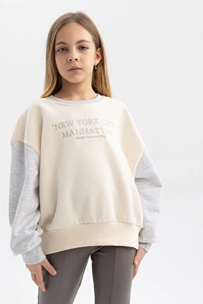 DeFacto Girl's Soft Feather Printed Sweatshirt - Crew Neck B4674a823wn