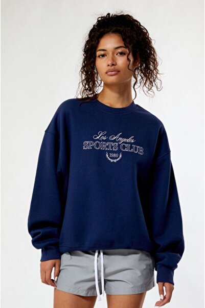 SELENA BUTİK سويت شيرت رياضي برقبة دائرية للجنسين باللون الأزرق الداكن