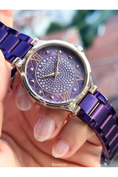 Ferrucci Marka Çelik Kordon Mor Renk Kadın Kol Saati+Nazar Boncuklu Bileklik