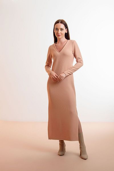 Laranor V-Neck Ribbed Salmon Camisole Dress - Slit Design