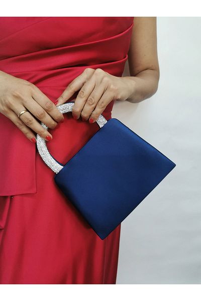 NAZART Rochie de seară din satin bleumarin pentru femei, cu cureaua cu lanț, geantă de umăr de logodnă de nuntă