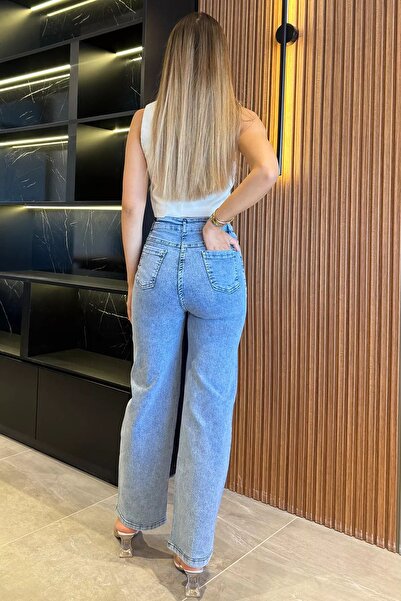 GÜLSELİ Blugi Palazzo albastru gheață cu talie înaltă