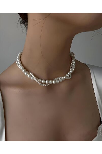 Lesia Kadın Beyaz Barok Tarz Zarif Sarmal İkili İnci Kolye