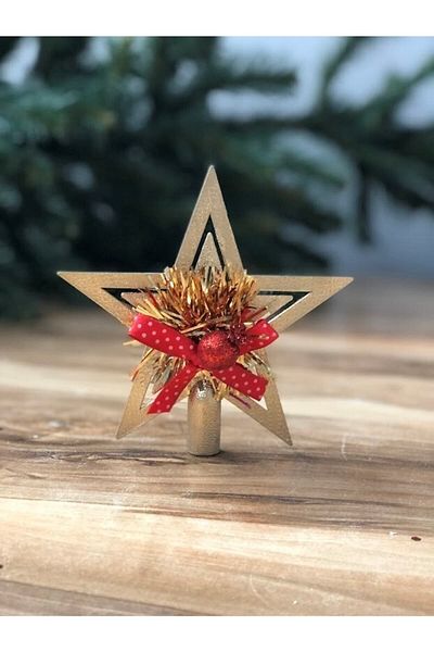 Masalsı Concept Gold Christmas Pine Tree Ornament with Star Topping Bow 1 Piece 10 Cm Plastic