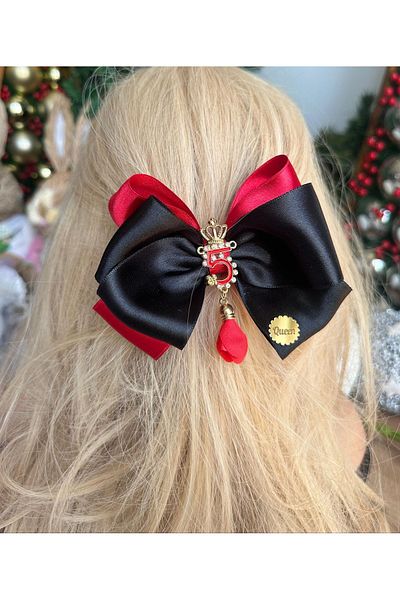 QUEEN AKSESUAR No5 Luxury Design - Rhinestoned Metal Brooch, Pendant Satin, Bow, Red Black, Automatic Clip Buckle