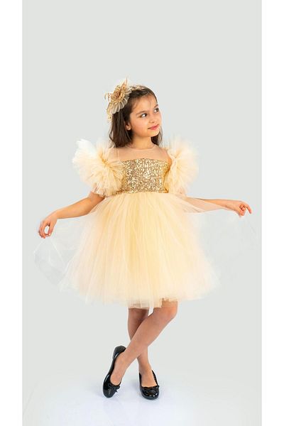 Buse&Eylül Bebe Gold Colored Girl's Birthday Party Dress with Pompom Sleeves