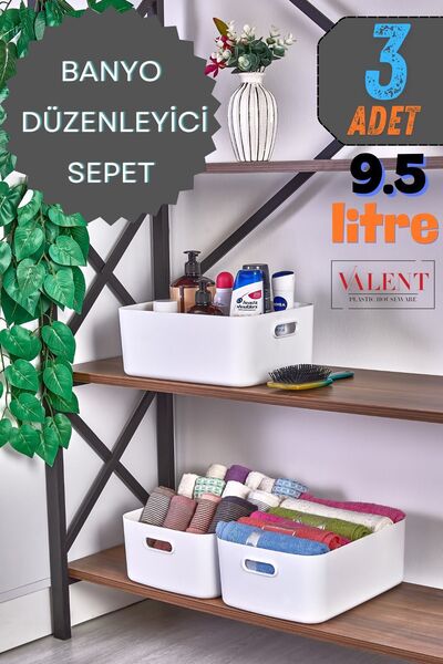 VALENT 3'lü Mocha Büyük Boy 9.5 Lt Basic Banyo Organizeri Sepet, Dekoratif Buzdolabı Düzenleyici