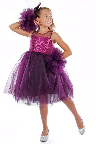 Buse&Eylül Bebe Girl's Purple Pompom Sleeve Birthday Party Dress
