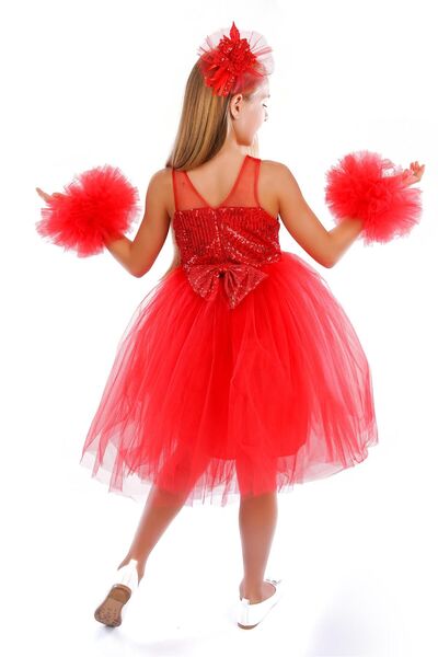 Buse&Eylül Bebe Girl's Birthday Party Dress - Red Pompom Sleeves
