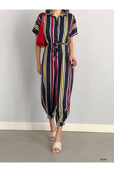 Genel Markalar Kadın Düğme Detaylı Dokuma Viskon Kumaş Tulum (Renkli)