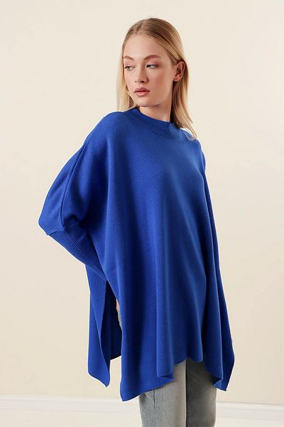 WOMAN VISION Pulover Saks Blue Knitwear - Gât rotund, mânecă liliac, detaliu cu fantă, croială largă 15783