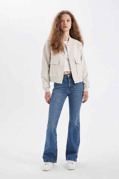 DeFacto College Collar Windproof Snap Fastener Bomber Jacket - Pockets, Short B3469Ax24Au