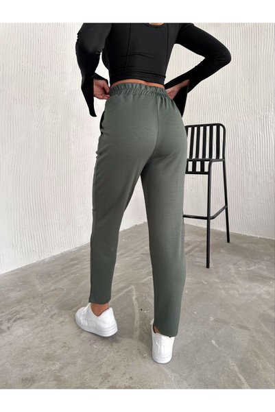 SUYA US WEAR بنطلون من قماش ساندي عالي الخصر مع خصر مطاطي