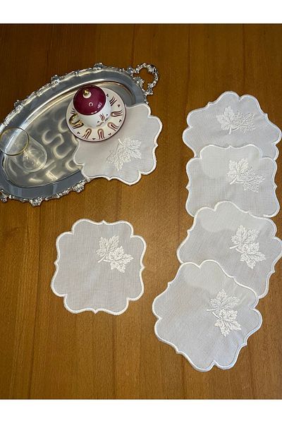 Smiling Home 6 Pieces Gardenia Linen Ecru Color Stylish Leaf Patterned Cocktail Presentation Napkin