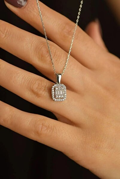 CAXBERN Kadın Çelik Baget Zirkon Taşlı Gümüş Kolye