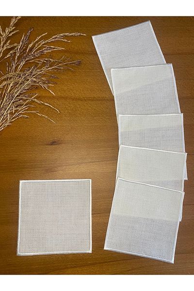 Smiling Home Linen Linen Ecru Embroidered 6 Pieces Square Cocktail Presentation Napkin Suitable for Etamine Processing