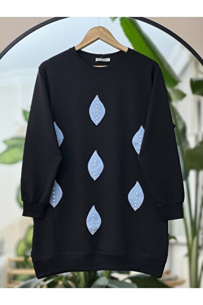 SULTAN BUTİK Kot Detaylı Yaprak Desen Taşlı  Tunik