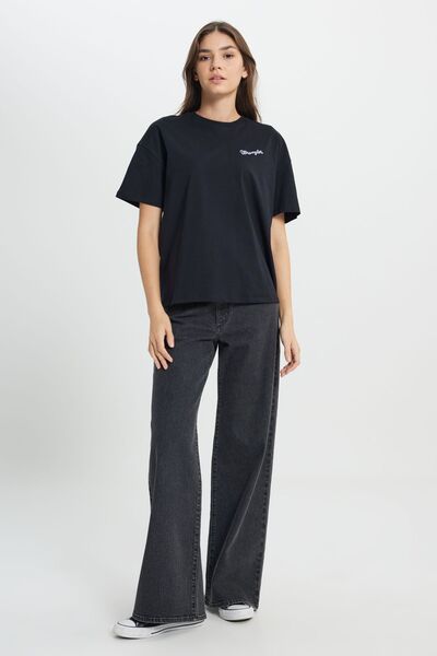 WRANGLER Regular Fit Regular Cut Crew Neck 100% Cotton Youth Cute Women's Black Logo T-Shirt