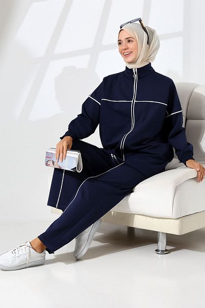 Mihran Butik Γυναικείο χιτζάμπ Navy Blue - Αθλητικό και άνετο εποχικό χτενισμένο βαμβακερό σετ