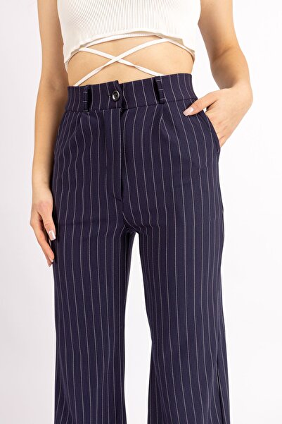 FV Palazzo Trousers Oversize Cut Buttoned Striped Lycra Women's Trousers
