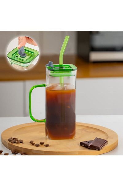 BuNeBox Heat Resistant Glass Square Mug with Leak Proof Lid and Straw 400 mL