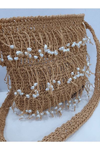 ZÜMAL Luxury Women's Shoulder Bag - Rope Pearl Hand Knitted and Straw Color