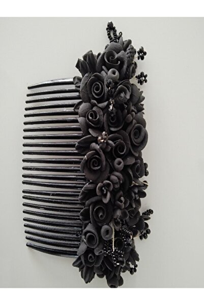 laydahobi Siyah Soğuk Porselen Çiçekli Ve Boncuklu Tarak Toka