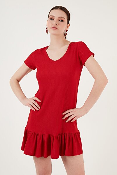 Lela Regular Fit Fırfırlı V Yaka Bürümcük Mini Elbise Elbise 5865071