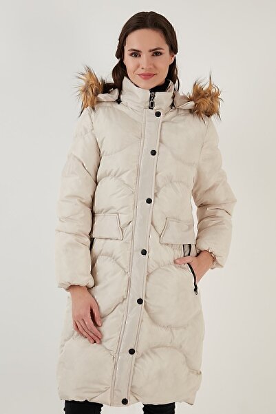 Lela Quilted Winter Long Coat with Faux Fur Collar and Removable Hood 6477401
