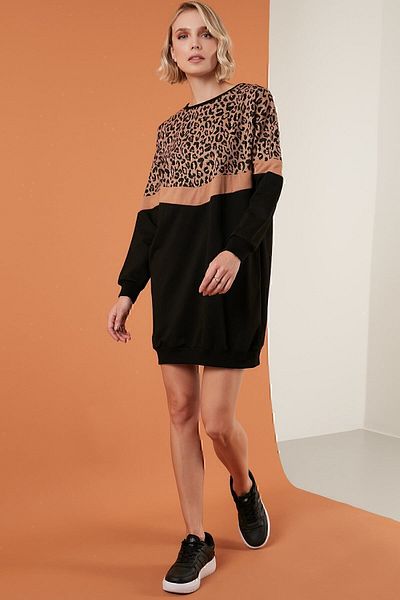 Lela Λεοπάρ μοτίβο Color Blocked Oversize Crew Neck Tunic Γυναικείο 5863604