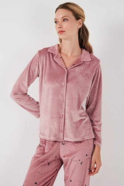 Lela Shiny Patterned Regular Fit Velvet Pajama Set - 65713311