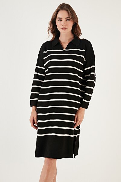 Lela Çizgili Yırtmaçlı Polo Yaka Triko Midi Elbise ELBİSE 4615172