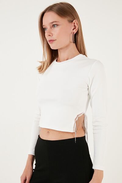Lela Slim Fit Crew Neck Side Chain Crop Μπλούζα BLUZ 5865398