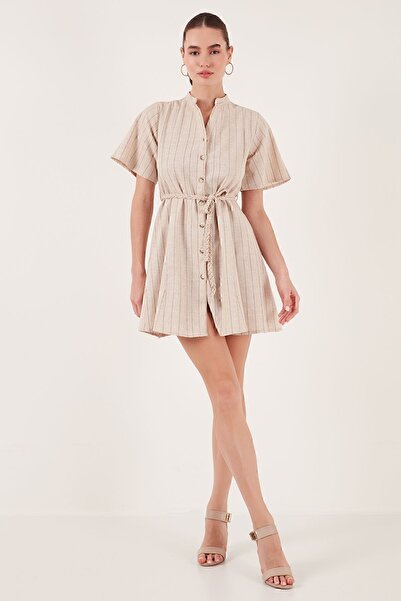 Lela Pamuklu Çizgili Regular Fit Mini Elbise  ELBİSE 611EL377