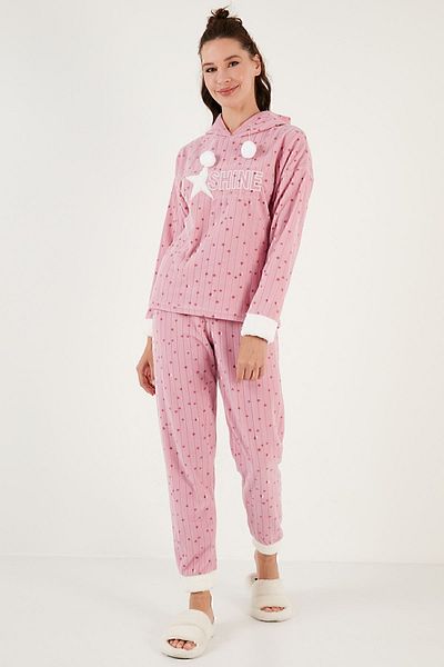Lela Patterned Regular Fit Hooded Fleece Pajama Set PAJAMA SET 6571004