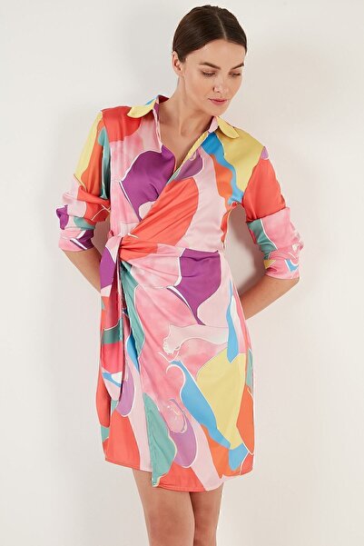 Lela Desenli Kruvaze Yaka Bağlamalı Saten Elbise Elbise 611el295