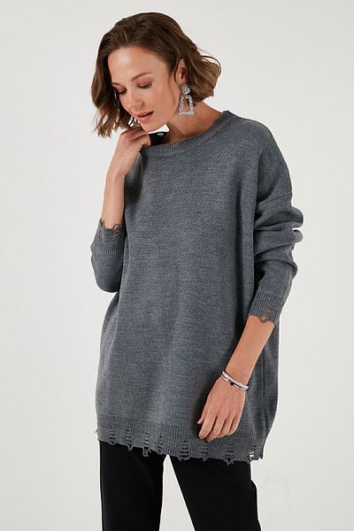 Lela Pulover de tricotaj cu gât crew - Pulover cu detaliu rupt 4616167