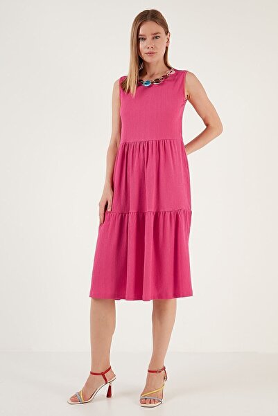 Lela Kolye Detaylı Rahat Kesim Kolsuz Midi Elbise Elbise 5865099