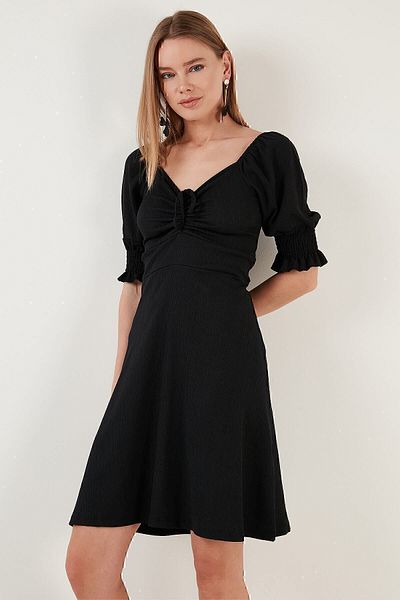 Lela Crinkle Gathered V-Neck Sleeves Elastic Dress 5865034