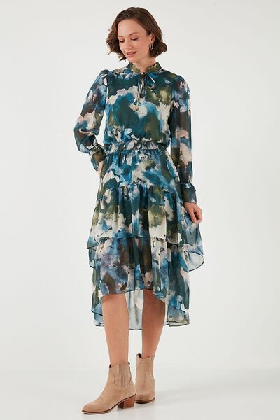 Lela Regular Fit Boyundan Bağlamalı Volanlı Şifon Midi Elbise  ELBİSE 611EL1450