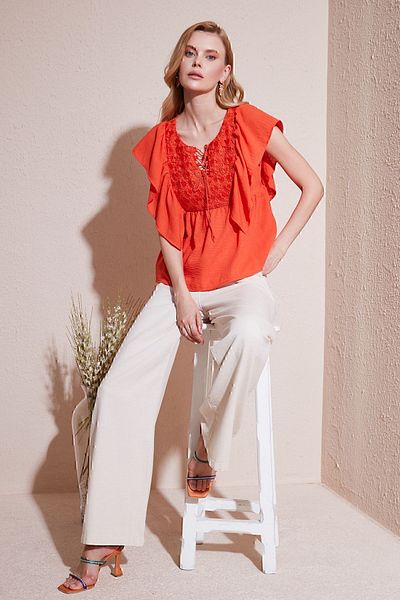 Lela Front Tie Flounce Regular Fit Blouse - BLUZ 611FB20064