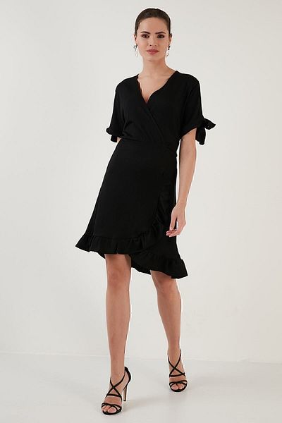 Lela Ruffled Double Breasted Collar Short Sleeve Crinkle Flexible Dress Dress 5865016