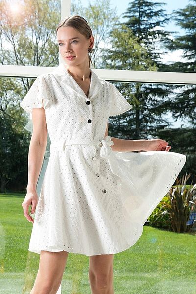 Lela Embroidery Detailed Short Sleeve Shirt Collar Belted Dress Dress 648mrt740