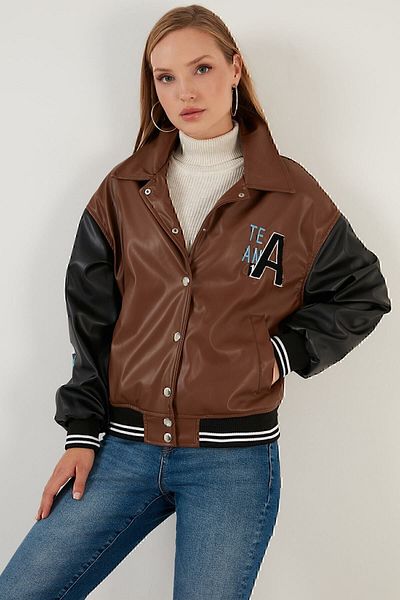 Lela Oversize Pocketed Bomber Faux Leather Coat Leather Coat 6230104