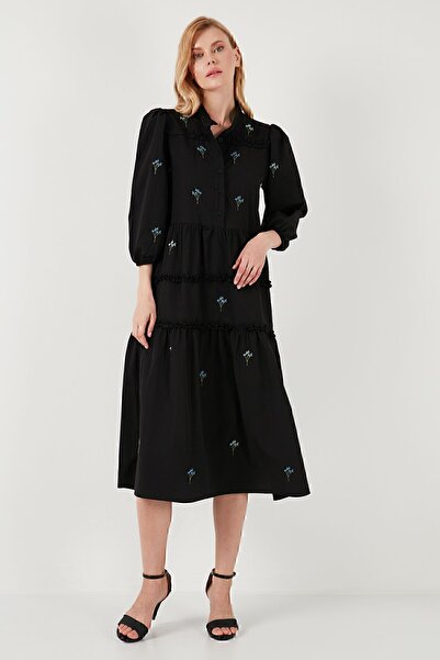 Lela Regular Fit Truvakar Kollu Midi Dokuma Elbise  ELBİSE 611EL0882
