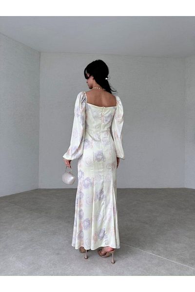 lolembutik Yellow Satin Dress - Long Sleeve, Digital Print Flower Pattern