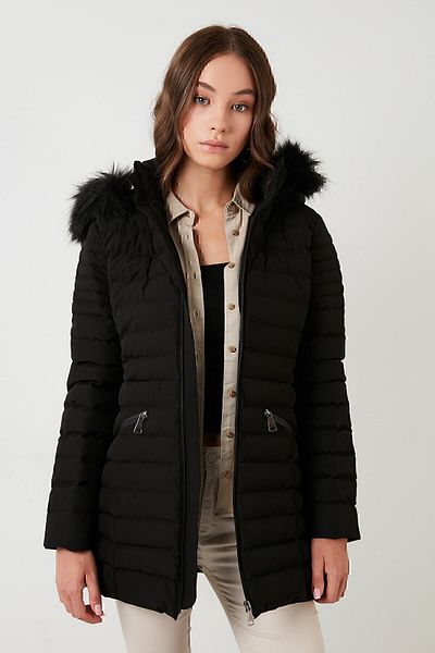 Lela Women's Faux Fur Collar Removable Hooded Puffer Coat 497kylıe21