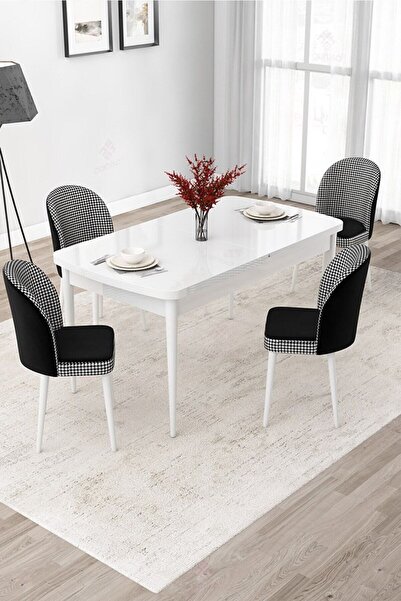 Canisa Jul Serisi 80x132 Açılabilir Beyaz Mutfak Masa Takımı Ve 4 Kazayağı De...